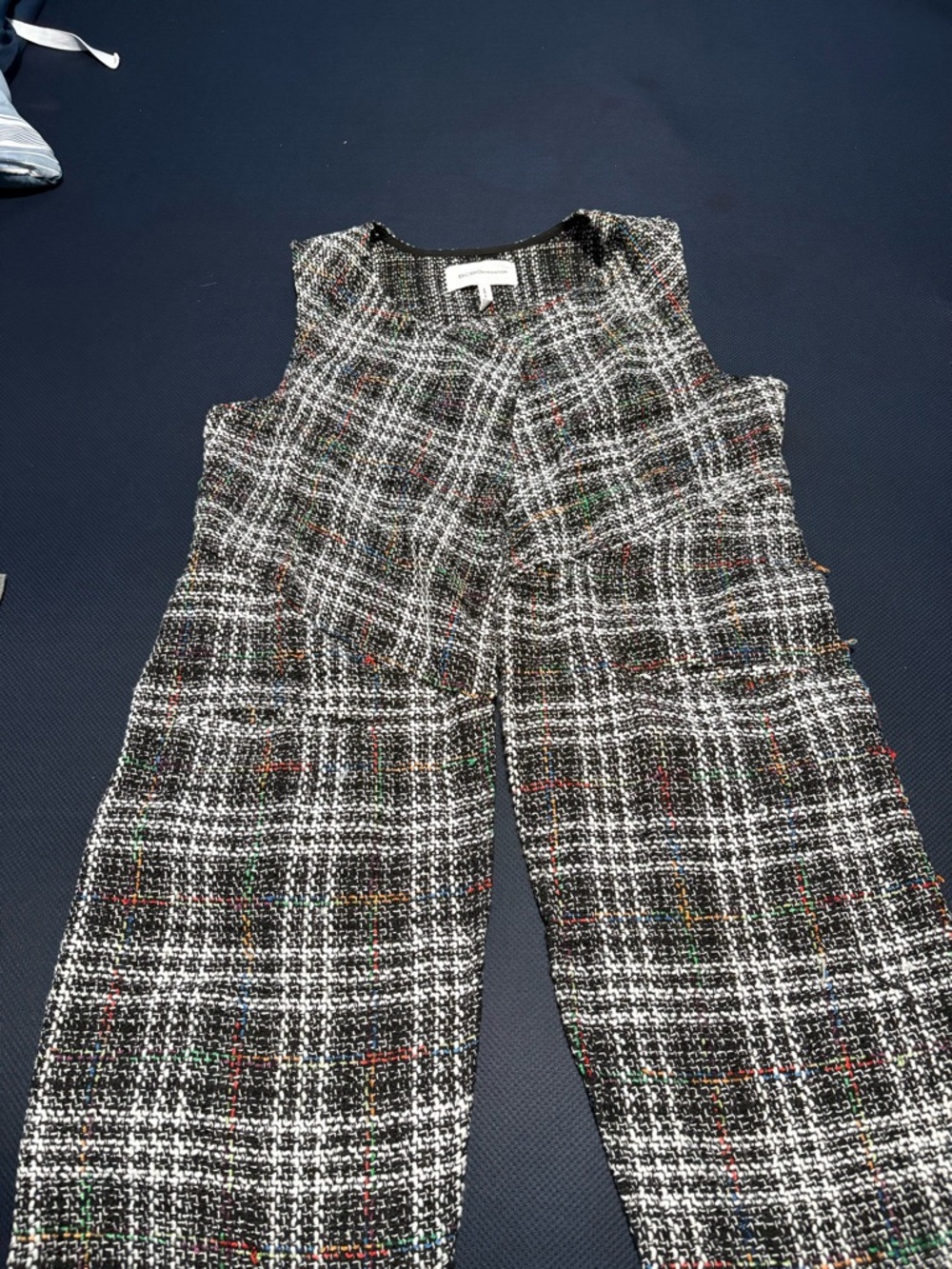 BCBGeneration Black Plaid Tweed Sleeveless Jumpsuit with Multicolor Flecks